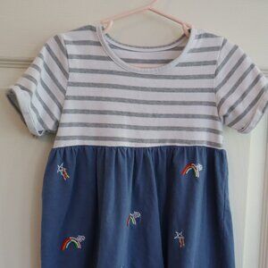 Girls Striped top dress with blue skirt and rainbow embroidered details
